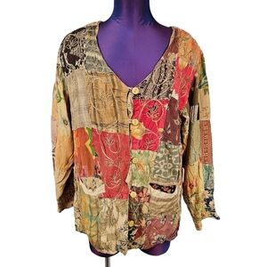 Vintage MSAS Neutral Hippie Patchwork Embroidered Jacket Size Medium Women's